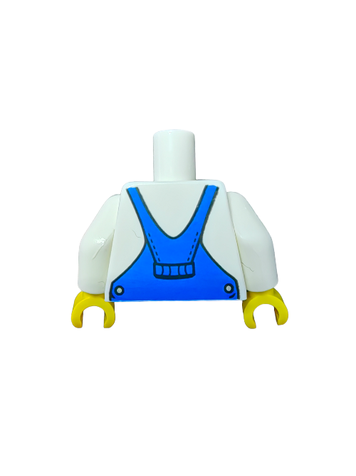 The LEGO 6219621 Torso, named UB1125, showcases yellow hands with a stylish white V-neck shirt and blue overalls print. Its missing the head and legs, inviting endless customization possibilities for your Minifigures collection.