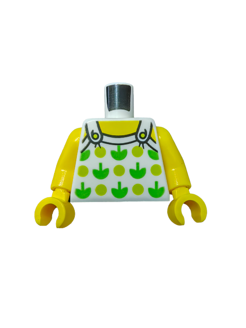 The LEGO 6192763 torso features yellow arms and hands, a white shirt with green apple and lime spot patterns, and printed black suspenders—perfect for your building block sets, though the head and legs are missing.