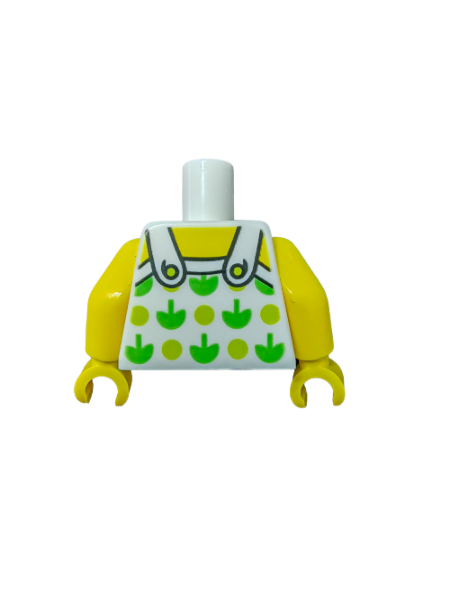 The LEGO 6192763 Torso features yellow arms with hook hands and is decorated with green apples, lime spots, and green overall straps on a white background. Its perfect for enhancing your building block sets with unique Minifigure accessories.
