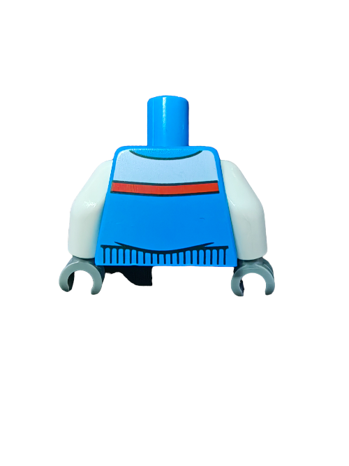 The LEGO 6376848 Torso, Jacket with Red Zippers and White Arms - UB1148 sports a blue and white design with two arm attachments and a bold red stripe. A light blue connector sits on top, making it ideal for creating unique characters in your collection.