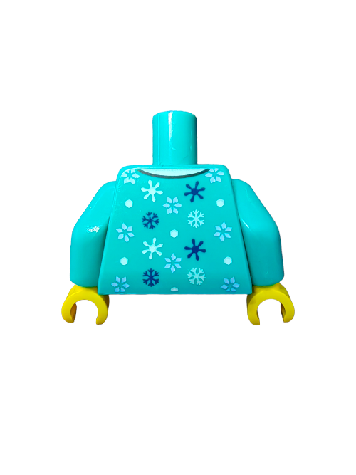 The LEGO 6362427 Torso, featuring teal pajamas with buttons and snowflake patterns and yellow hands, is displayed against a white backdrop.