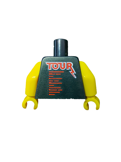 Enhance your build with the premium LEGO 6270317 Minifigure Torso, featuring yellow arms and a black top adorned with red guitars, lightning bolts, and TOUR on the back.