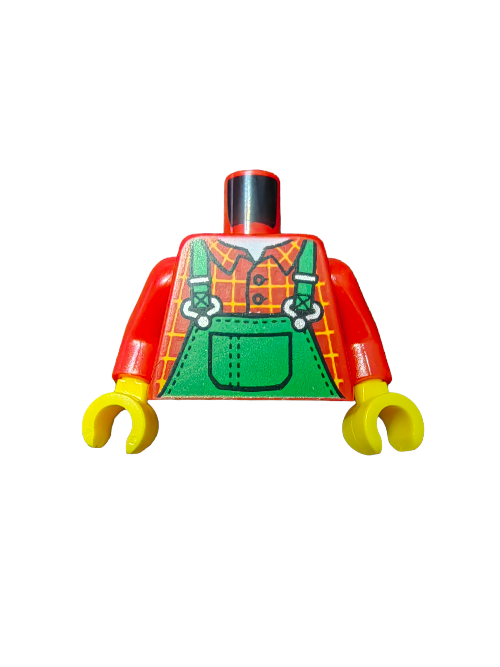LEGO 6155234 minifigure torso features green overalls, a red and yellow check shirt, and iconic yellow hands.