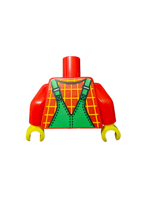 The LEGO 6155234 features a red torso with a yellow grid resembling suspenders, complemented by green overalls. It includes yellow hands and is headless.