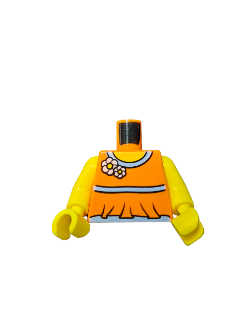 The LEGO 6283908 Torso, UB1130, features yellow arms and an orange top with white trim and flowers on the right shoulder, standing out against a plain white background.