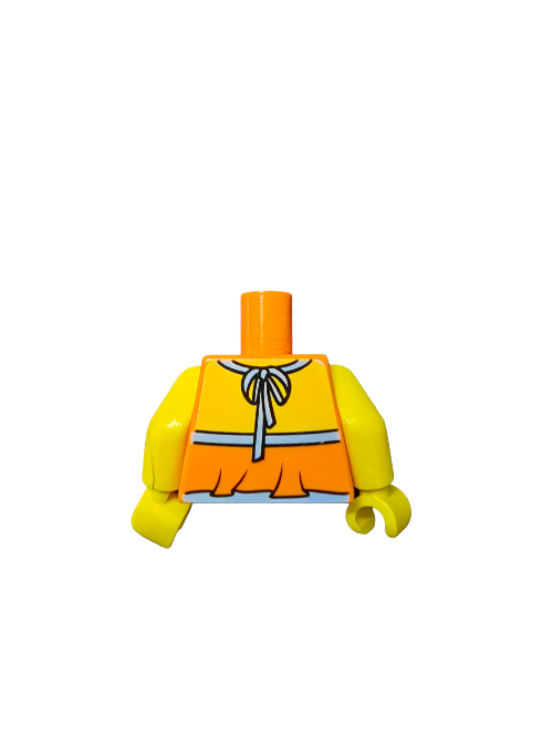 The LEGO 6283908 Torso features an orange top with flowers, short sleeves, and a bow design. Bent arms add action readiness, while the cylindrical neck peg anticipates its headpiece. This vibrant accessory pops against a plain white backdrop.