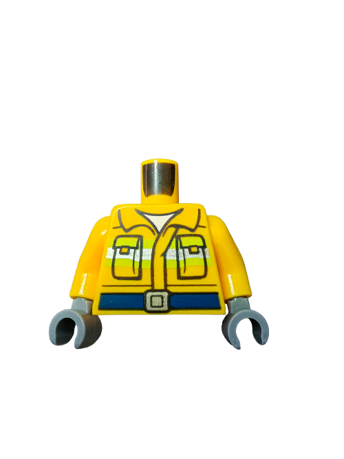 The LEGO 6250484 Torso features a yellow reflective stripe vest (UB1127) with a black and blue belt. It has gray hands positioned downward on a plain white background.