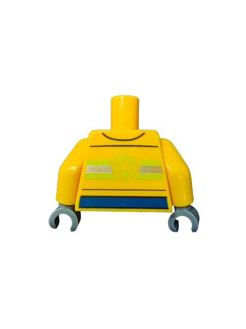 The LEGO 6250484 Torso has a yellow, reflective stripe vest with a shield emblem and grey hook-shaped hands. Ideal for construction or safety-themed sets, it features reflective grey stripes on the chest and is set against a white background.