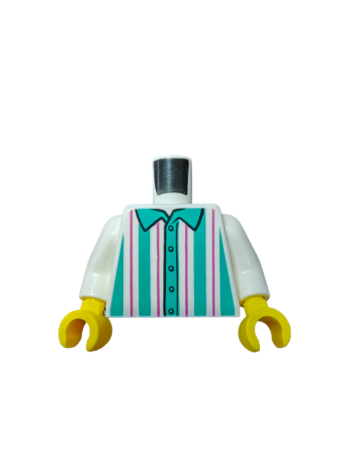 The LEGO 6270480 Torso features a white shirt with turquoise and pink vertical stripes. It includes yellow hands and a metallic gray neck connector, offering a playful yet stylish design.