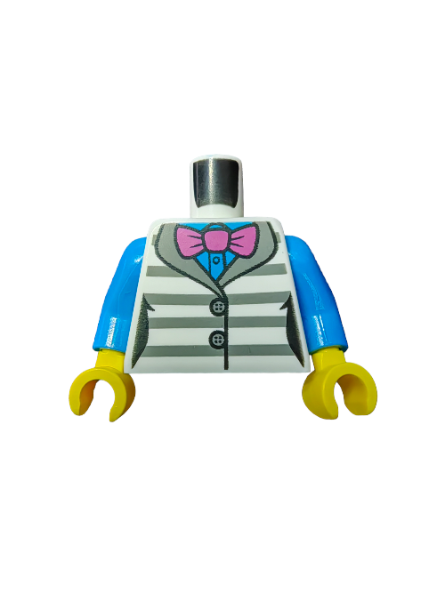 The LEGO 6388463 Minifigure Torso features gray prison stripes over an azure shirt with a pink bow tie, offering creative options for any brick collection; it does not include a head or legs.