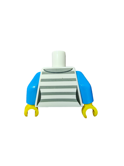 The LEGO 6388463 Torso features a jacket with gray prison stripes, an azure shirt, and a pink bow tie. Perfect to enhance your brick collection and unlock endless creative building adventures on a white background.