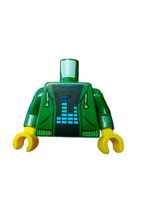 The LEGO 6294404 minifigure torso sports yellow hands, a bright green hoodie with drawstrings, and a black shirt adorned with an Equalizer Bars pattern. Its perfect for any collection, despite lacking a head.