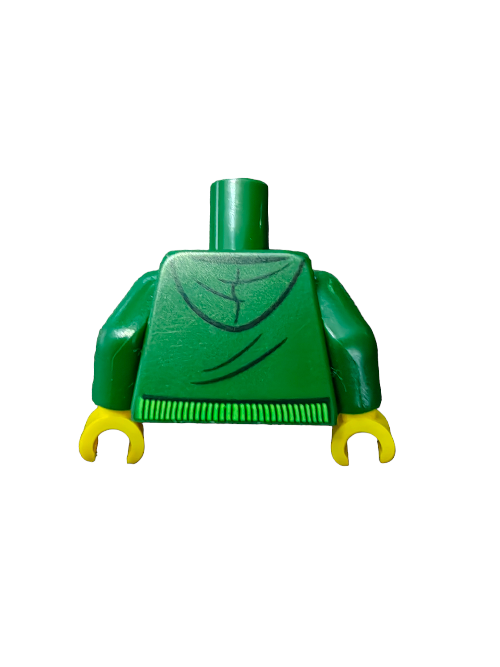 The LEGO 6294404 Torso for minifigure collections is green with yellow hands and cartoonish arms, featuring a hoodie with bright green drawstrings and an Equalizer Bars pattern on a black shirt. The charming design includes hem lining and chest details but does not include a head.