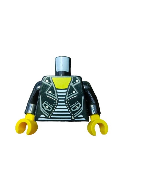 The LEGO 6271205 Torso features a leather jacket with silver studs, a zipped white striped shirt design, yellow hands, and a cylindrical neck connector, making it an ideal addition to any Minifigure collection.