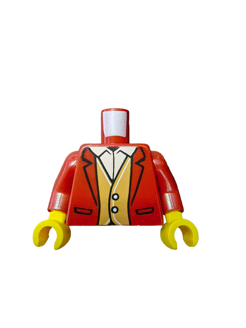 The LEGO 6387922 Torso, Reddish Suit Jacket over Gold Waistcoat - UB1138 features a reddish suit jacket with a gold waistcoat and white shirt design. The yellow arms end in claw-like hands, perfect for gripping accessories.