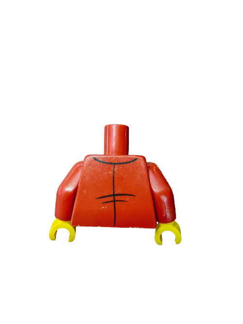 The LEGO 6387922 minifigure torso features a reddish suit jacket with black muscle markings, gold waistcoat, and two yellow claw-like hands, making it a standout piece against a white background and adding character to any collection.