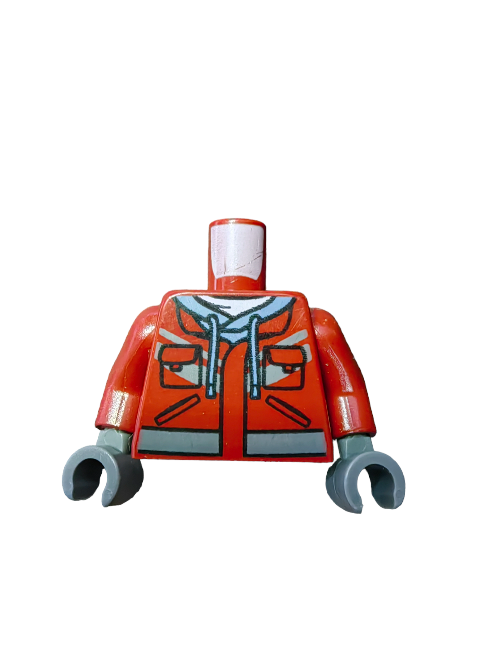The LEGO Minifigure Torso UB1134 is a deep red piece designed like a hooded sweatshirt with pockets and zippers. It features gray arms with curved hands and contrasts beautifully against a white background.