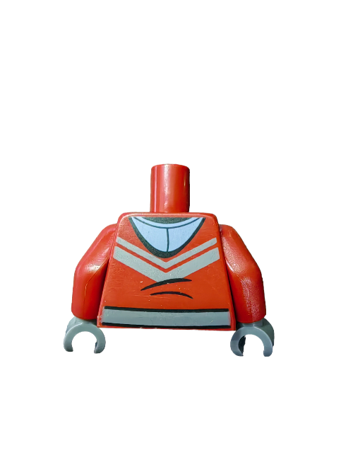 The LEGO torso, Deep Red Hooded Sweatshirt with Pockets - UB1134, shows a blue and white chevron pattern, featuring gray claw-like hands. It is displayed headless on a plain white background.