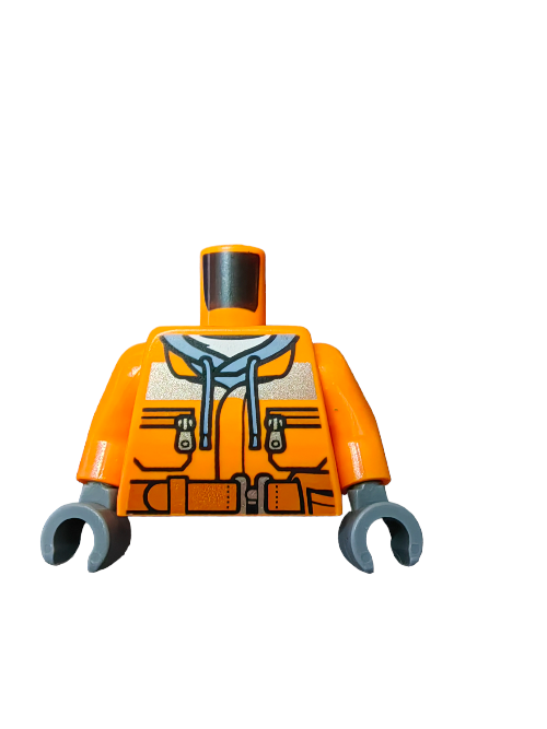 The LEGO 6102597 minifigure torso features a dark orange hoodie jacket with zippers, pockets, and a reflective stripe, gray hands for contrast, and a stylish sand blue hoodie on a plain white background.