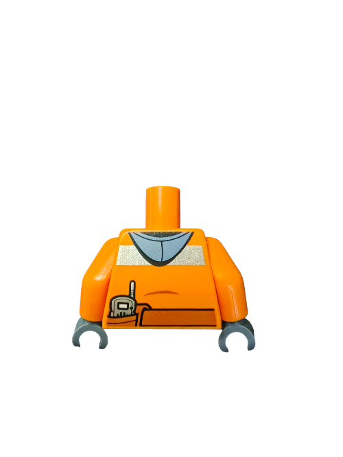 This headless LEGO minifigure torso, named LEGO 6102597, has dark orange arms and grey glove-like hands. It features a sand blue hoodie with a printed grey badge, utility tools on the chest, and a reflective stripe for extra style.