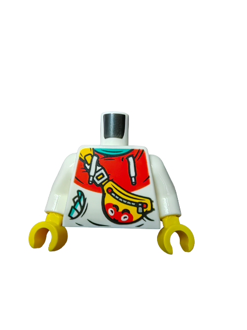 A LEGO minifigure torso featuring a red and white astronaut suit with yellow hands, intricate space-themed details like a control panel and tubing. Great for collectors, this headless and legless piece pairs well with the LEGO 6378366 Torso, Hoodie with Red Hood and Yellow Bag.