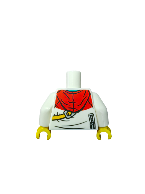 A red and white LEGO 6378366 torso with yellow hands features a red shirt, black belt, and sword design. It has a hollow neck for head attachment or pairing with the UB1126 hoodie with a red hood and yellow bag strap for an adventurous look.