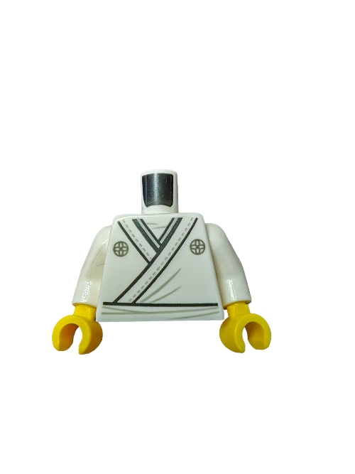 The LEGO 6293843 Minifigure Torso, donned in a white martial arts uniform with intricate circle symbols and yellow hands, stands out beautifully.