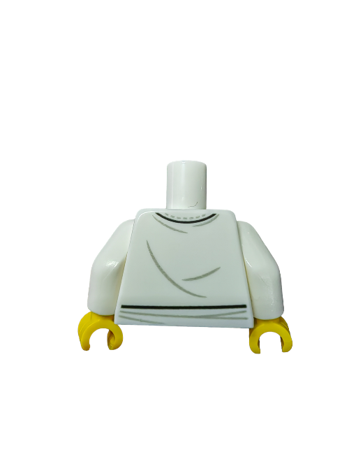 The LEGO 6293843 Torso features a white martial arts top with circle symbols, yellow hands with C-shaped grips, and curved lines like draped fabric. With no head or legs, it stands out beautifully against the plain white background.