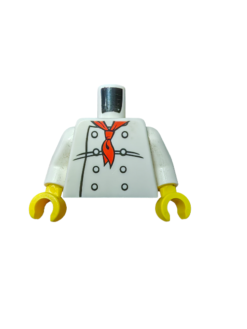 The LEGO 6283797 minifigure torso showcases a chef with 8 buttons, yellow hands, and a red neckerchief, all set against a crisp white background that highlights its no wrinkles pattern.