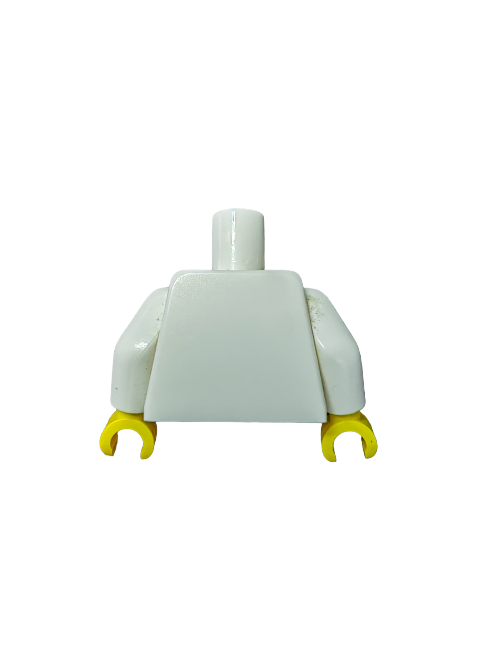 The LEGO 6283797 Torso features a white chef design with buttons, yellow hands, and a plain rectangular body. The arms are attached at the sides against a simple white background, emphasizing its minimalist form.