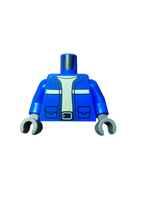 Explore LEGO fashion with the LEGO 6349516 Torso featuring a blue jacket with pockets, white stripes, a green belt, sleek gray arms, and a silver belt buckle.