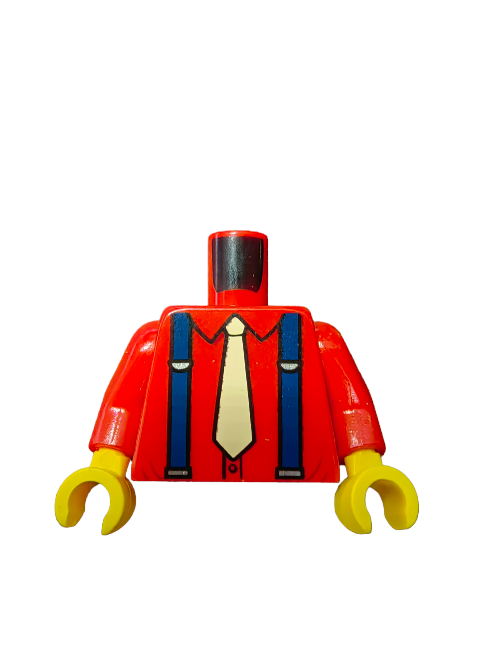 The LEGO 6270439 Torso features a red shirt with dark blue braces and a tan tie, ideal for adventures. Its yellow hands pop, and the missing head allows for full customization of your hero.