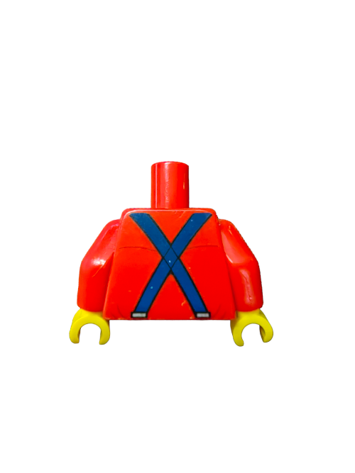 A vibrant LEGO 6270439 Minifigure Torso with a red shirt, tan tie, and dark blue braces with yellow claw hands sits against a white background, ready for daring quests.