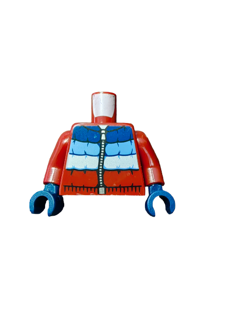 The LEGO 6354756 Minifigure Torso showcases red arms and a blue/red superhero-like costume with a zipper, perfect for customizing your collection. Head and legs arent included, but its ready to inspire heroic adventures.