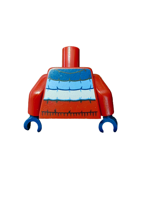 The LEGO 6354756 Minifigure Torso showcases a vibrant padded jacket with a dark blue, medium blue, and white pattern. It includes red arms, blue hands, and a cylindrical neck connector on top of a plain white backdrop.