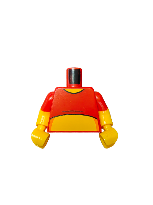 A LEGO 6344340 minifigure features a T-shirt-style torso, red hard hat, and yellow arms and hands. It has no legs or face and stands alone on a white background.