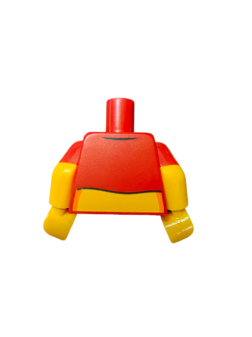 A red and yellow plastic LEGO 6344340 Minifigure torso, featuring a T-shirt-like painted design with black trim, excluding a head or legs.