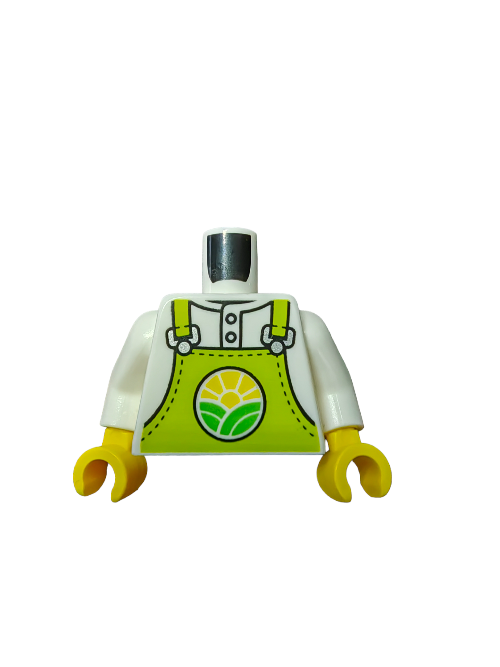The LEGO 6397936 Torso features a white shirt with lime overalls displaying the Green Hills and The Sun emblem, complete with cheerful yellow arms. It does not include a head or legs.