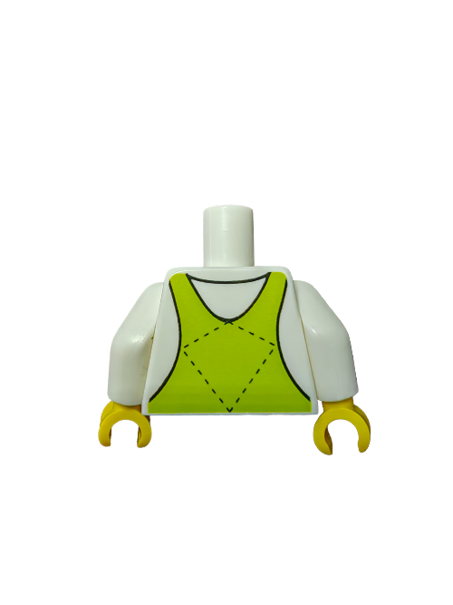A LEGO 6397936 torso with lime overalls showcasing green hills and the sun. Its white upper half contrasts with yellow arms, ending in classic C-shaped hands.