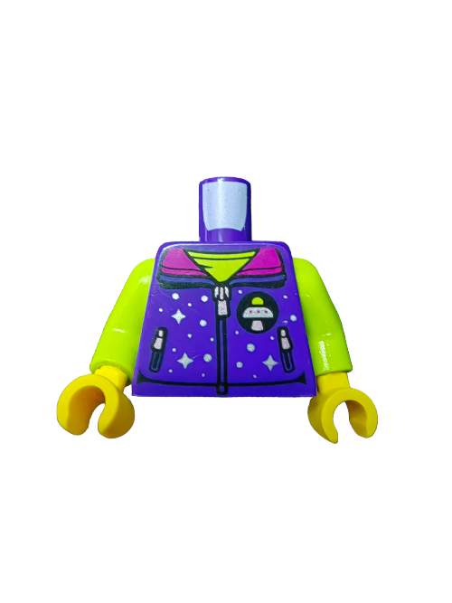 A LEGO 6401438 torso features a purple jacket with a space-themed emblem of stars and spaceship design, bright green sleeves, and yellow hands.