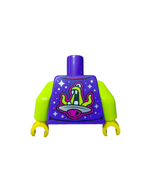 LEGO minifigure torso piece featuring neon green arms and a vibrant purple shirt with a space-themed emblem of a spaceship, model UB1118. The design includes stars and cartoon elements like an alien and UFO; neck and hand attachments are visible. Product code: 6401438.