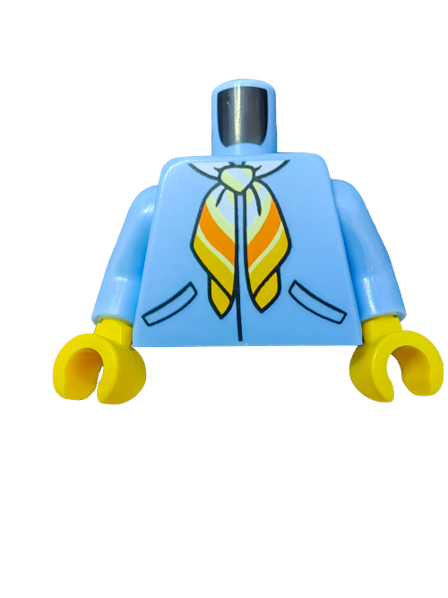 The LEGO 6392173 Torso features a stylish light blue design with a printed yellow and orange necktie and includes yellow hands, but lacks legs or head.