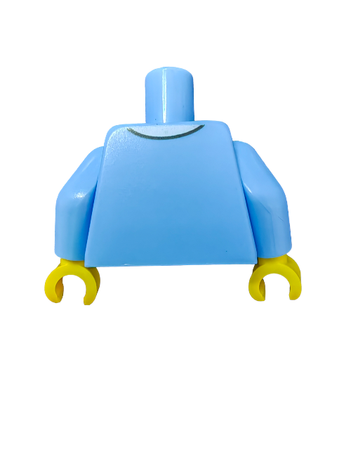 The LEGO 6392173 Torso, a blue plastic Minifigure upper body with yellow hands and an orange scarf for style, is displayed on a plain white background.