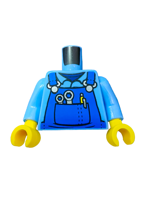 The LEGO 6283869 Torso, designed as mechanic overalls, features a bright blue shirt with printed pockets and silver wrenches. It includes contrasting yellow arms and hands, perfect for creative play when paired with your favorite headpiece.