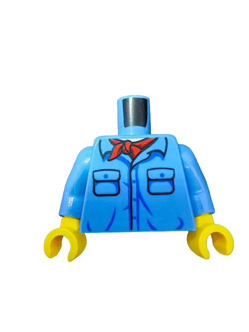 Close-up of the LEGO 6313580 Torso, a blue shirt with two pockets and a red neck handkerchief. It features yellow hands and is crafted from high-quality materials, with no head or legs attached, set against a white background.