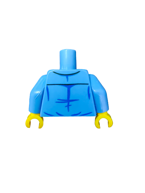 The LEGO 6313580 Torso features a blue shirt with two pockets and a red neck handkerchief, complete with yellow hands, set against a stark white background.