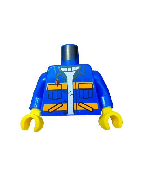 The LEGO 6219626 Torso is a blue minifigure torso with yellow hands, a City Jacket design featuring lower pockets and pen. It has orange and yellow accents, a black collar, and reveals a white shirt underneath—perfect to add character to any Lego Diorama scene.