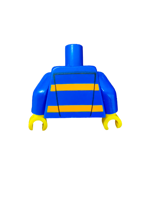 A LEGO 6219626 Torso, resembling those used in dioramas, features a blue and yellow design with horizontal stripes and yellow hands, all isolated on a white background.