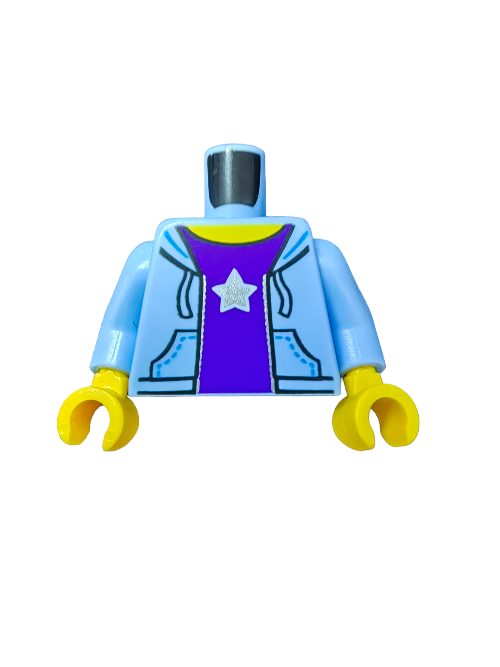 The LEGO 6153141 Torso, Hooded Sweatshirt with Dark Purple T-Shirt and Silver Star UB1115 features a blue jacket design, silver star on a purple shirt, yellow hands, and no head piece.