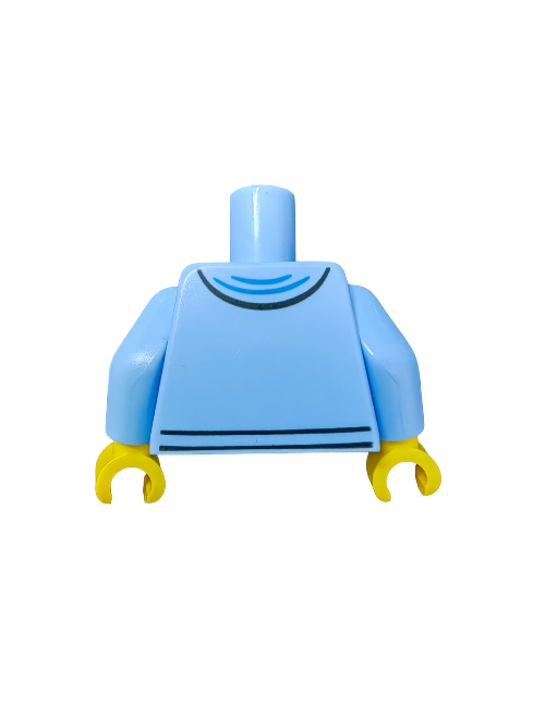 A LEGO 6153141 blue torso without a head or legs featuring yellow hands, black lines creating a simple shirt design, and a silver star, resembling a hooded sweatshirt with a dark purple T-shirt.